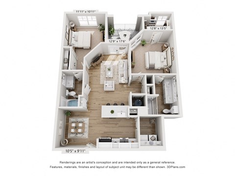 Floor plan for 2 beds, 2 baths, 1145 sqft